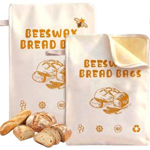 2-Pack Extra Large Beeswax Bread Bags with Zipper Seal Reusable Bread Storage Bags, Eco-Friendly Natural Beeswax Lining, to Keep Homemade Bread Fresh for Sourdough & Artisan Loaves (yellow) | with Zipper, reusable