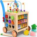 9-in-1 Wooden Activity Cube | Wooden Baby Walker, Sit-to-Stand Learning Walker Activity Center, Early Educational Push & Pull Toys for Baby Toddler Boys Girls, Height & Brake Adjustable