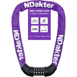 NDakter Bike Lock, 5 Digit Combination Heavy Duty Anti Theft Bicycle Chain Lock, 2.62/3.2/4.27/5/6Ft Long, High Security Resettable, Suitable for Bike, Scooter, Door, Gate, Fence-4/6mm Thick (Purple)