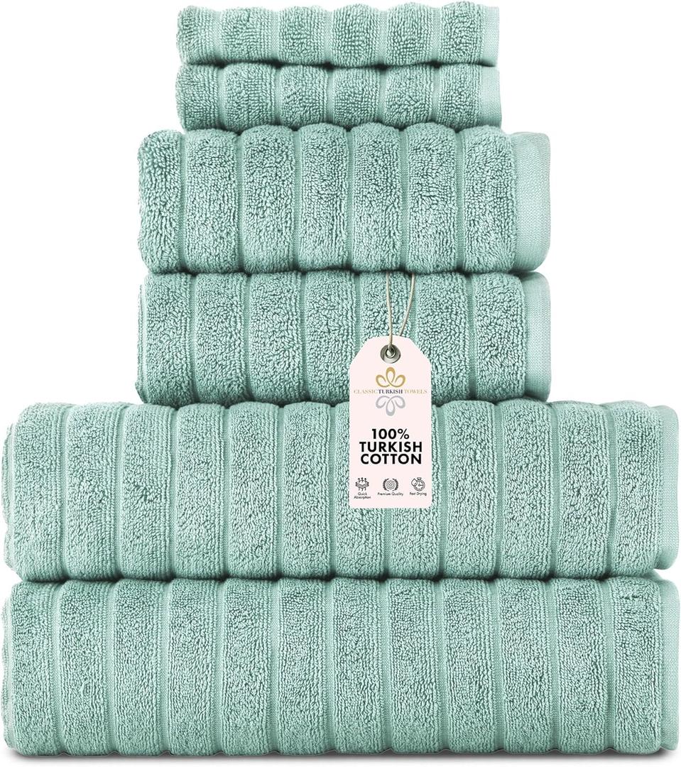 Classic Turkish Towels CTT Luxury 6 Piece Towel Set, 100% Turkish Cotton, Quick Drying, Highly Absorbent & Comfy, Includes 2 Bath Towels, 2 Hand Towels & 2 Washcloths | (Spa Green)