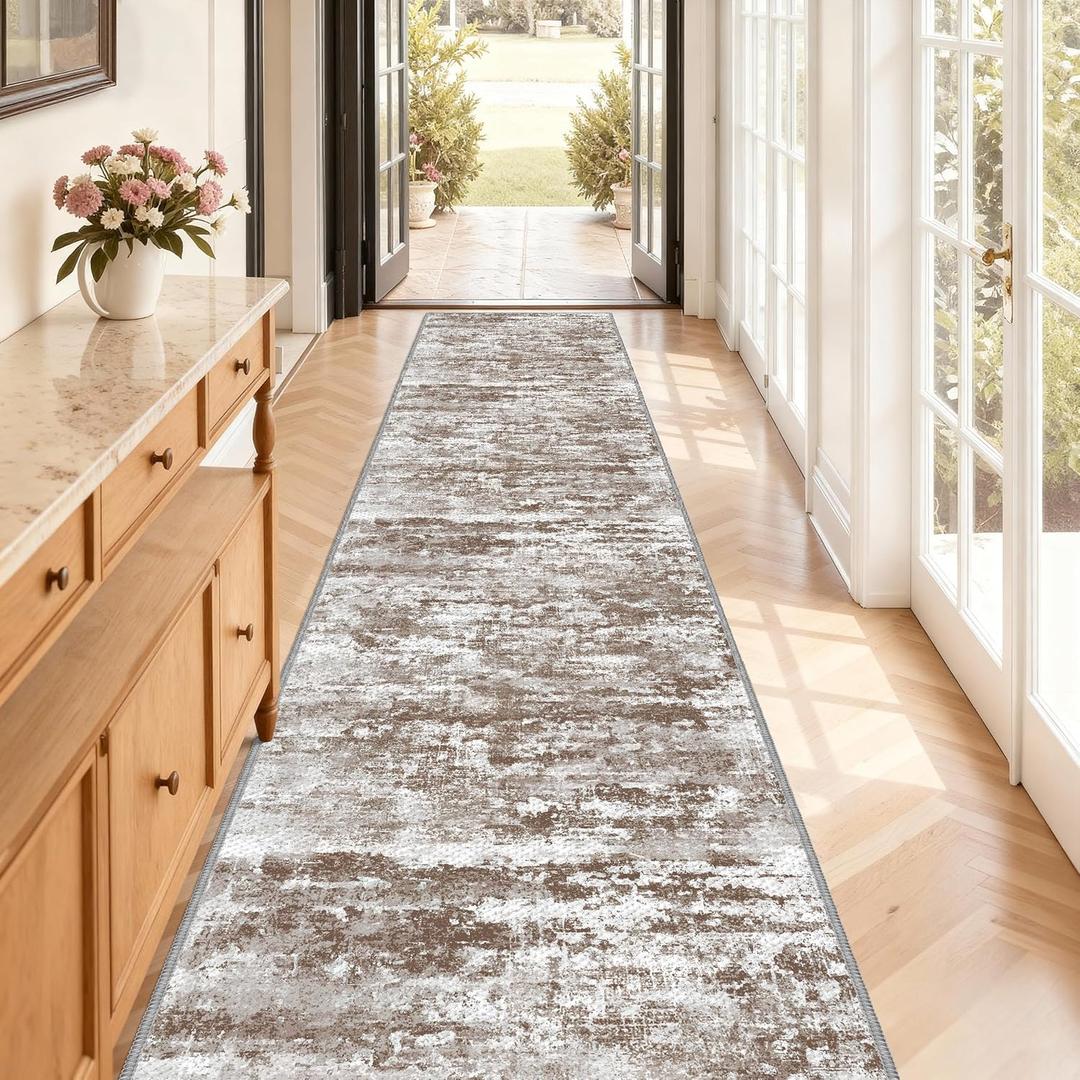 Non Slip Floor Runners for Dogs 2.6x12 Washable Runner Rug Abstract, Joint Support for Senior Dogs, Woven, Extra Grip Traction Runners for Hallway, Entryway, Walkway, Brown