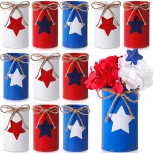 Domensi 12 Pcs 4th of July Table Centerpiece Patriotic Vases Decor Galvanized Metal Vases for Flowers Red White Blue Mason Jars Utensil Holder for Kitchen Home Independence Day Labor Day Decorations