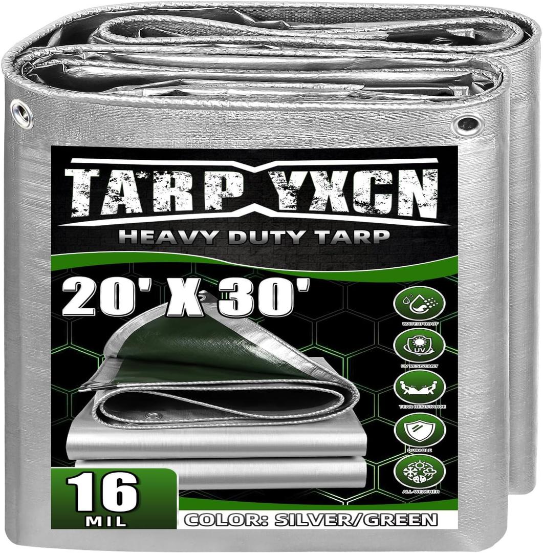Extra Heavy Duty Tarp 20x30 Ft, 16 Mil Thick (Silver/Green)
Waterproof Poly Tarps Cover UV Resistant, Rip & Tear Proof with Metal Grommets Every 20 Inche