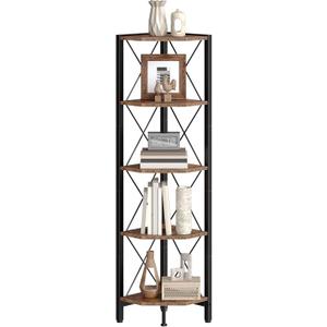 5-Tier Corner Shelf, Corner Bookcase, 55.2" Tall Vertical Display Rack, Plant Stand, Open Storage Shelf, for Living Room, Bedroom, Study, Kitchen, Rustic Brown and Black TCJ12BF