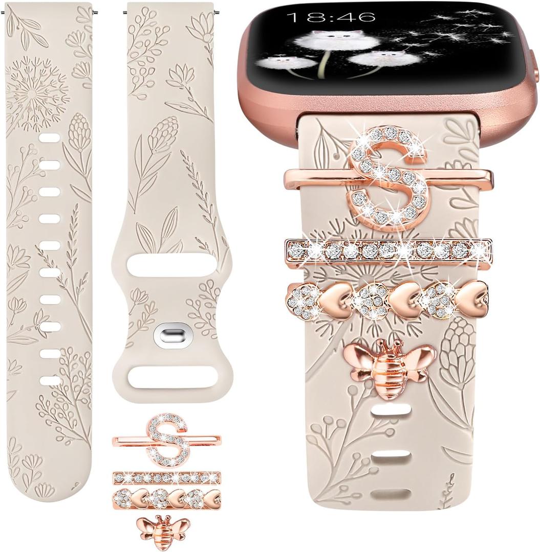 Minyee Floral Engraved Band with Charms Compatible with Fitbit Versa 2/Fitbit Versa/Versa Lite Bands Women,Bling Decorative Ring Loop Cute Soft Silicone Flower Fancy Strap for Versa 2 Watch(with Band)