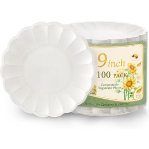100 Pack Dinner Plates 9 Inch Paper Plates- Compostable Bagasse Party Plates for Wedding, BBQ,Picnic,Birthday,Baby Shower-100% Compostable Bagasse (White)