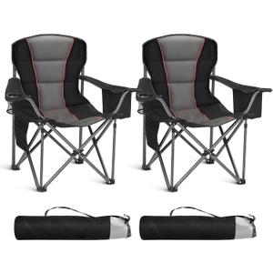 HIGH POINT SPORTS Oversized Folding Camping Chair, Heavy Duty Portable Camp Lawn Chairs, Folding Chairs for Outside with Cup Holder and Cooler Bag for Travel, Beach Support 450 LBS, 2 Pack, Black, Twin Pack