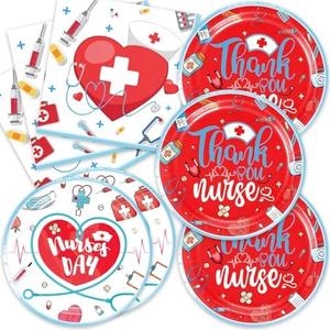 96 PCS Nurses' Day Party Supplies Nurse Graduation Decorations Red Heart Plates and Napkins Serve 24 Guests