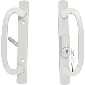 ReigaHood Keyed Sliding Patio Glass Door Handle Set Fits for Truth Legacy & Sash Controls P/N #2265, 45 Keyway w/o Mortise Lock, 3-15/16" Hole Centers, Non-Handed, White Diecast, A/B Position