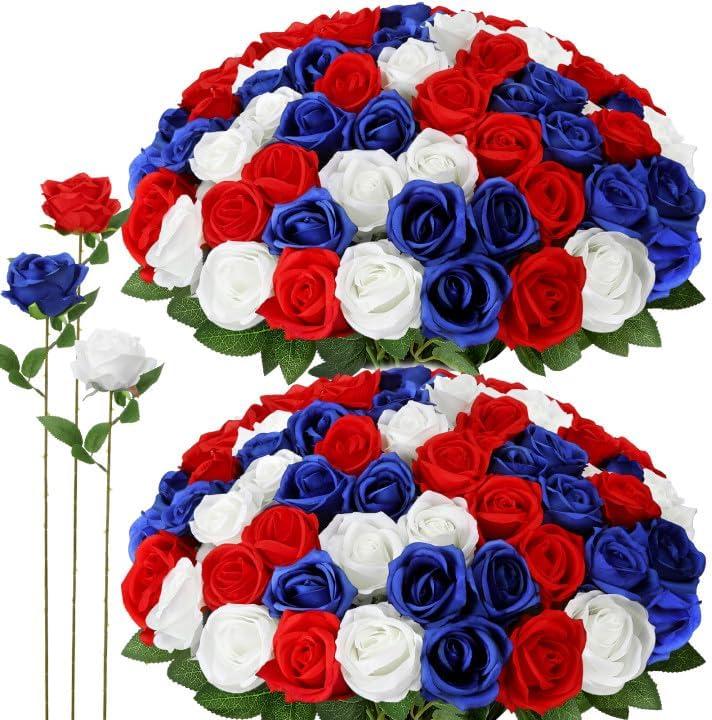 72 Pcs 4th of July Artificial Roses, Red, White, Blue Patriotic Silk Roses for Independence Day, Home Cemetery Decor, Realistic Faux Flowers with Stems(20 inch Bouquet, Indoor/Outdoor Use)