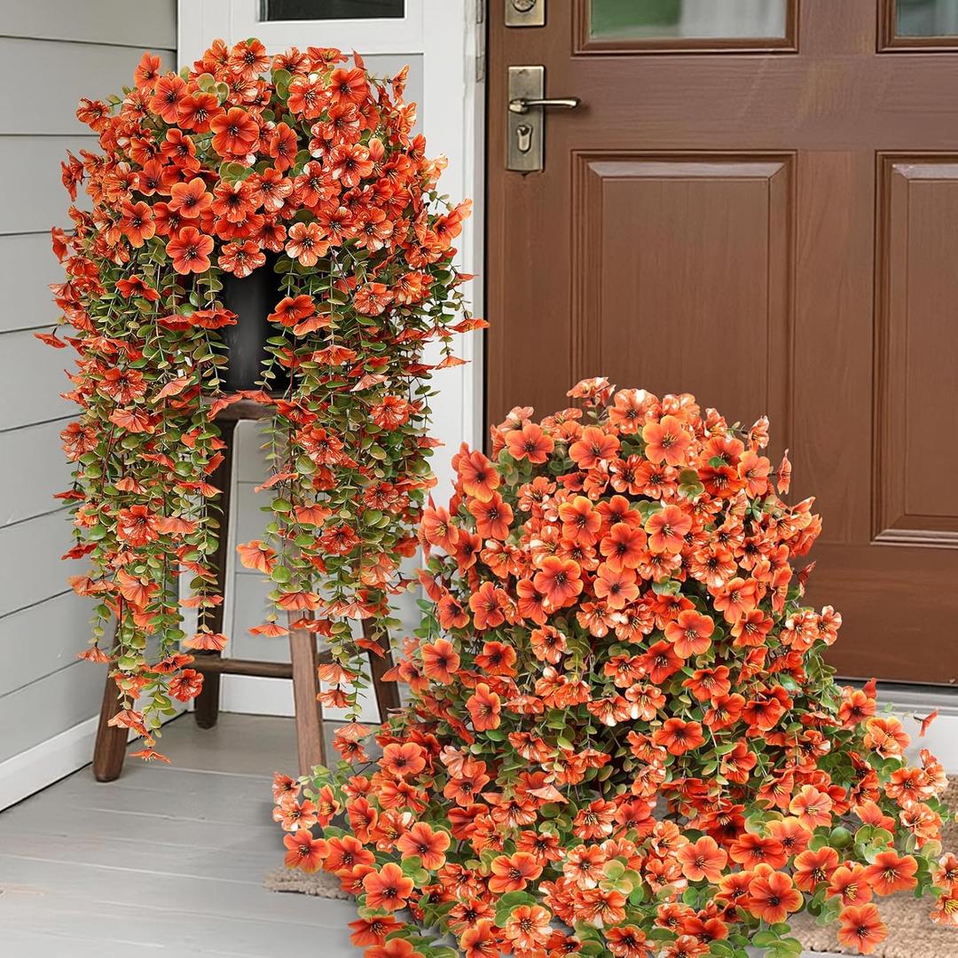 29" Artificial Hanging Flowers Potted Plants - 2 Set for Outdoor Fall Decoration,Faux Petunia with Fake Eucalyptus for Outside Front Door Garden Farmhouse Home Thanksgiving Autumn Decor (Orange)