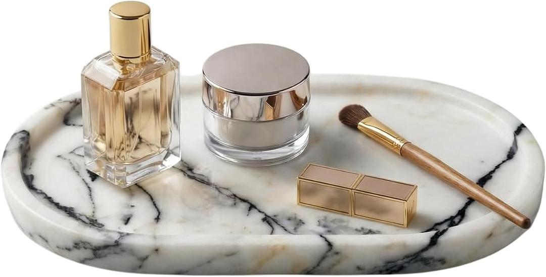 Natural Marble Vanity Tray for Bathroom Counter, Stone Catchall Tray for Perfume, Soap, Jewelry and Skincare, Bathroom Countertop Organizer for Vanity, Dresser or Kitchen Sink, 11.8 x 6.3 Inch