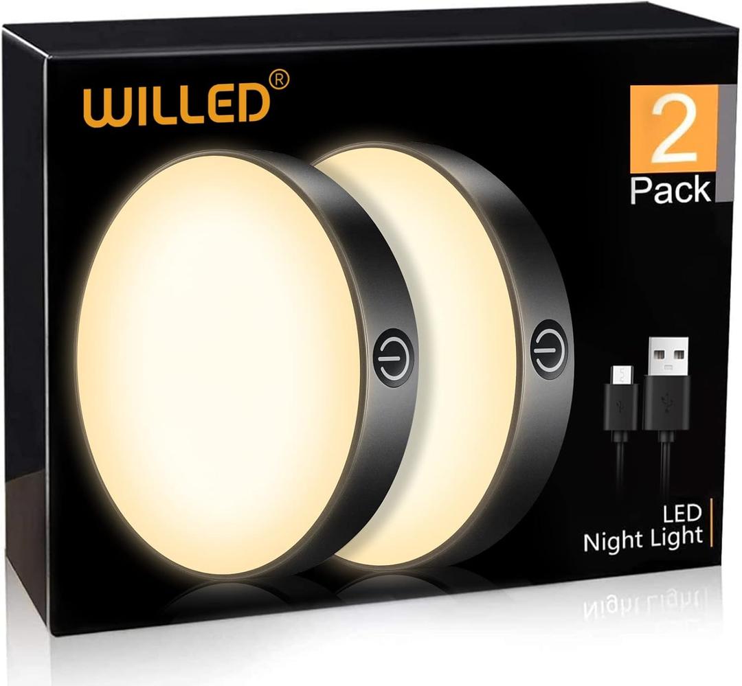 WILLED Tap Light Rechargeable, 3000K Dimmable Touch Light Buit-in 1000mAh Large Battery, Stick on Closet Light, Portable LED Puck Night Lights for Cabinet, Wardrobe, Counter, Kitchen, Bedroom (2 Pack) (Warm White 3000K, Black)