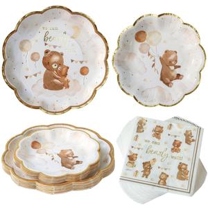 Kate Aspen We Can Bearly Wait Baby Shower Plates and Napkins Party Decorations Plates & Napkins; Adorable & Classic Teddy Bear Baby Shower (62 Piece - 16 Guests)