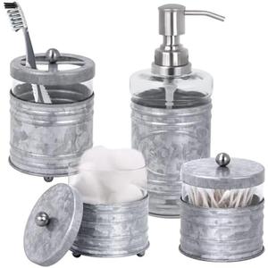 Autumn Alley Farmhouse Matte Galvanized Bathroom Accessories Set (1 PCS) - Lotion Soap Dispenser, Toothbrush Holder Set, 1 Glass Apothecary Jars (Qtip Holder) - Rustic Bathroom Accessories Set