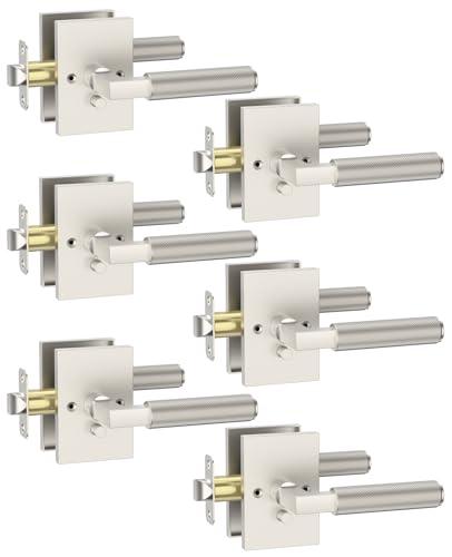 Asidrama 6 Pack Privacy Brushed Satin Nickel Door Handles, Door Lever with Door Knobs Indoor for Bedroom or Bathroom, Heavy Duty Door Handles Interior with Locks for Left Right Sided Doors