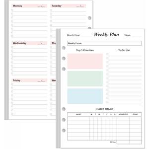 Weekly Planner Refills for A5 Binders - 53 Sheets/106 Pages Undated Colorful Weekly Planner, 6-Hole Punched, 100 gsm White Paper, Lasts 1 Year, Undated, 5.8" x 8.3"