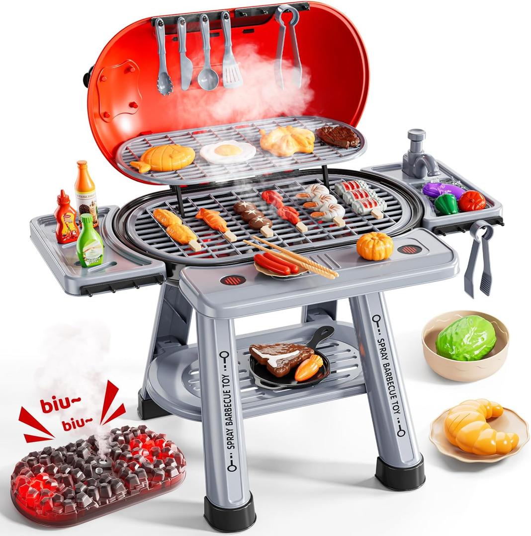 NIPLOOOW Kids Kitchen Toy Set, Kids BBQ Grill Kitchen Playset with Smoke, Sound & Light, 2-Layer Barbecue Indoor Outdoor Play Grill Toy Gift for Toddler Girl Boy Toy 3 4 5 6 7 8 Year Old