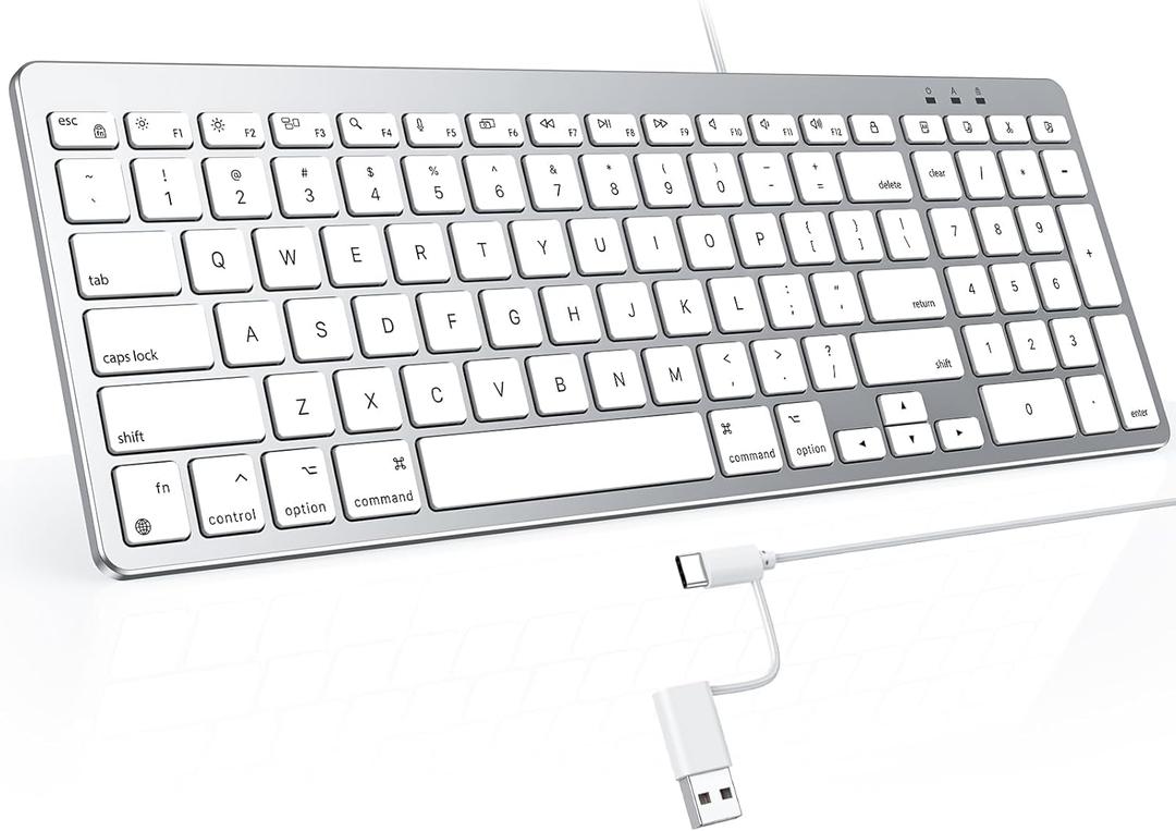 OMOTON Wired Keyboard Compatible with Mac, with Dual Interface (USB and Type-C), Numeric Keypad Compatible with MacBook Pro/Air, iMac, Mac mini/Pro Laptop, Silver