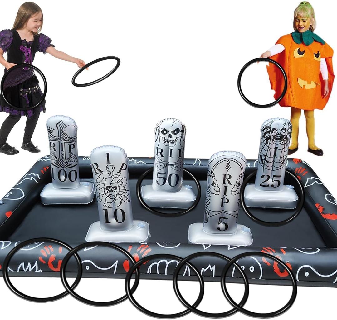 Upgraded Stability & Plastic Ring Giant Tombstone Ring Toss Games Halloween Party Game Favors for Kids Inflatable Game Halloween Party Decor Outdoor Carnival Game Classroom Indoor School Yard