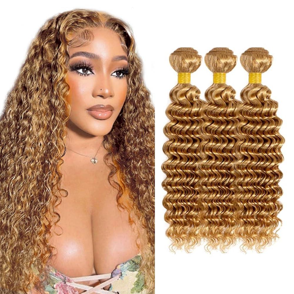 #27 Honey Deep Wave Human Hair Bundles 3 Bundles Deep Wave Hair Brazilian Virgin Human Hair Extensions Unprocessed Hair Bundles for Women 26 28 30 Inch 300g