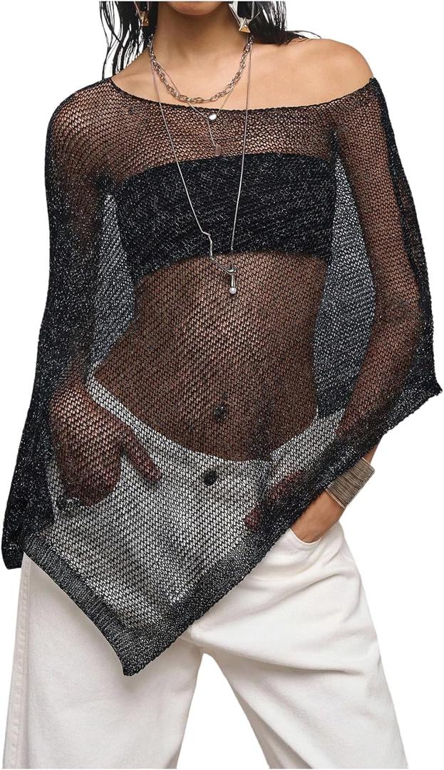 Verdusa Ponchos for Women Off The Shoulder Concert Outfits Rave Top Beach Coverup (Small, Black)