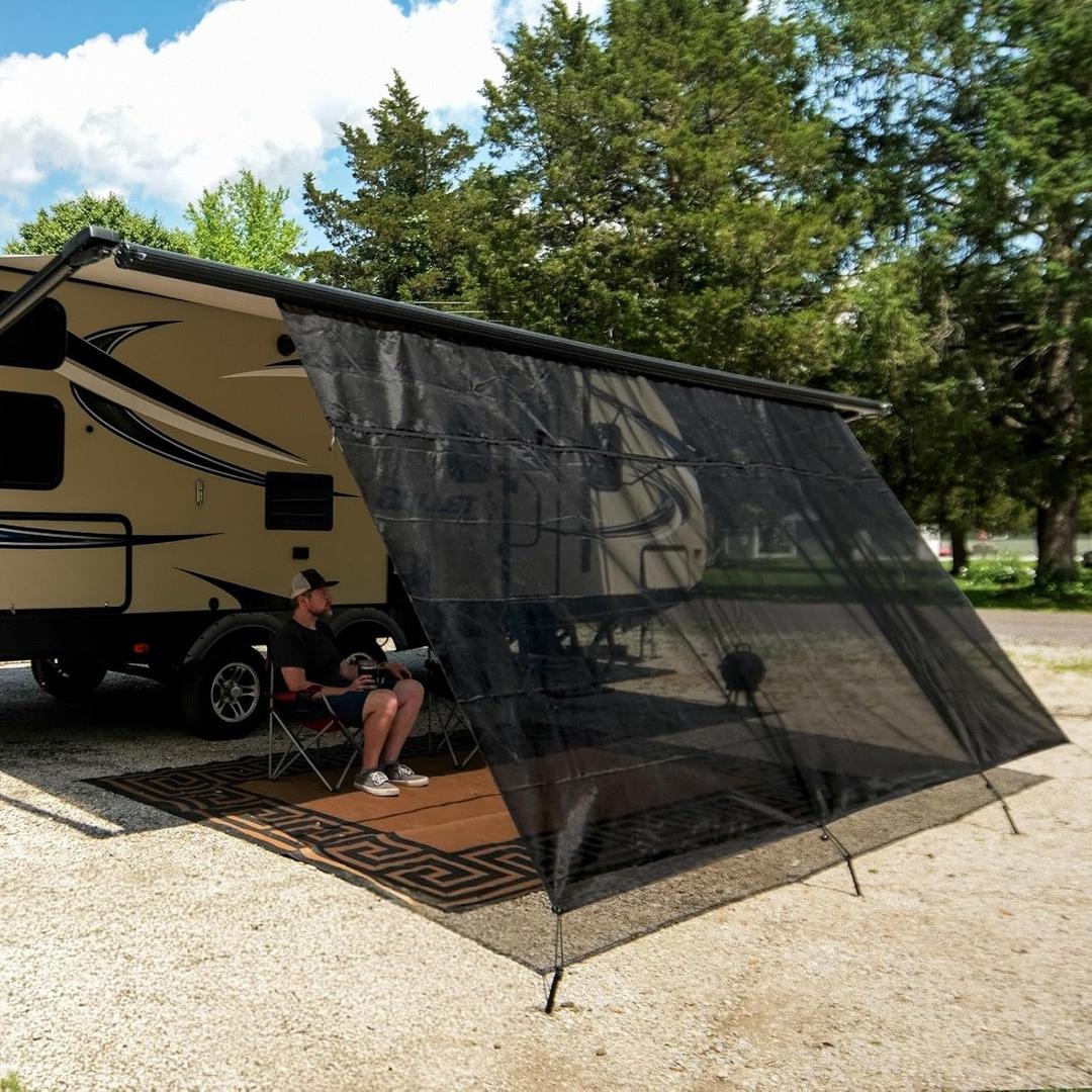 NAIMORUI RV Awning Shade Screen with Zipper, 8'X15'3" RV Awning Front Shade Screen, Black Mesh UV Blocker Sunshade Complete Kits for RV Camper Motorhome Trailer, Black