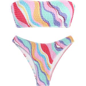 ZAFUL Women Strapless Ribbed High Cut Bandeau Bikini Lace Up 2 Pieces Swimwear, Lsrge