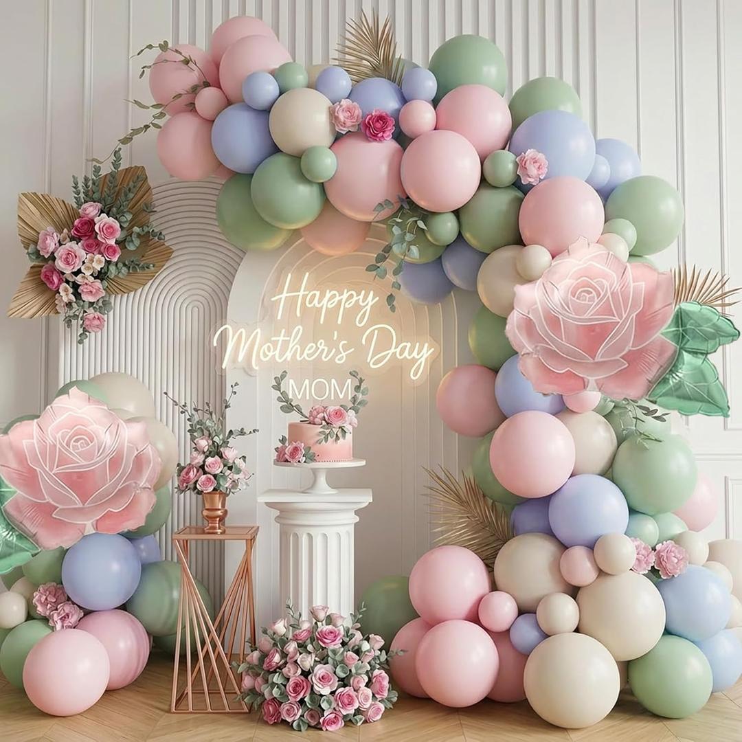 Mother's Day Tea Party Decorations - with Green Pink Blue Floral balloon Garland kit & Rose Foil Balloons for Mothers Day Brunch, Garden Party, Boho Wedding, Birthday Decor