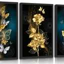 3Pcs Abstract Gold Butterfly Canvas Wall Art Gold Butterfly and Rose Posters Prints Painting Modern luxury Flowers Wall Decor pictures for Living Room Bedroom Home Decoration Unframed (16L" x 12W")