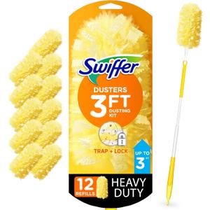 Swiffer Duster Heavy Duty Dusting Kit, Cleaning Supplies, 3 ft Extended Handle, 1 Duster, 12 Refills (1 Kit)