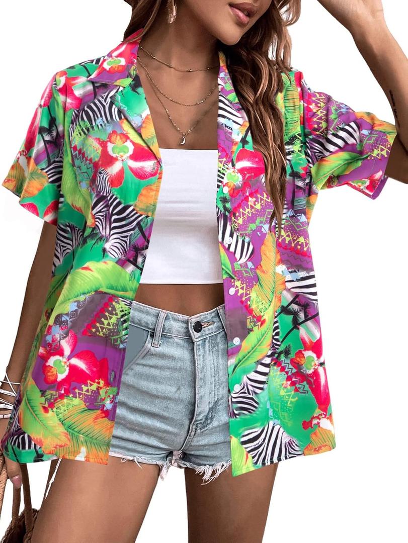 ALLTB Hawaiian Shirts for Women Tropical Floral Printed Hawaii Shirts Button Down V Neck Short Sleeve Blouses Tops (M)