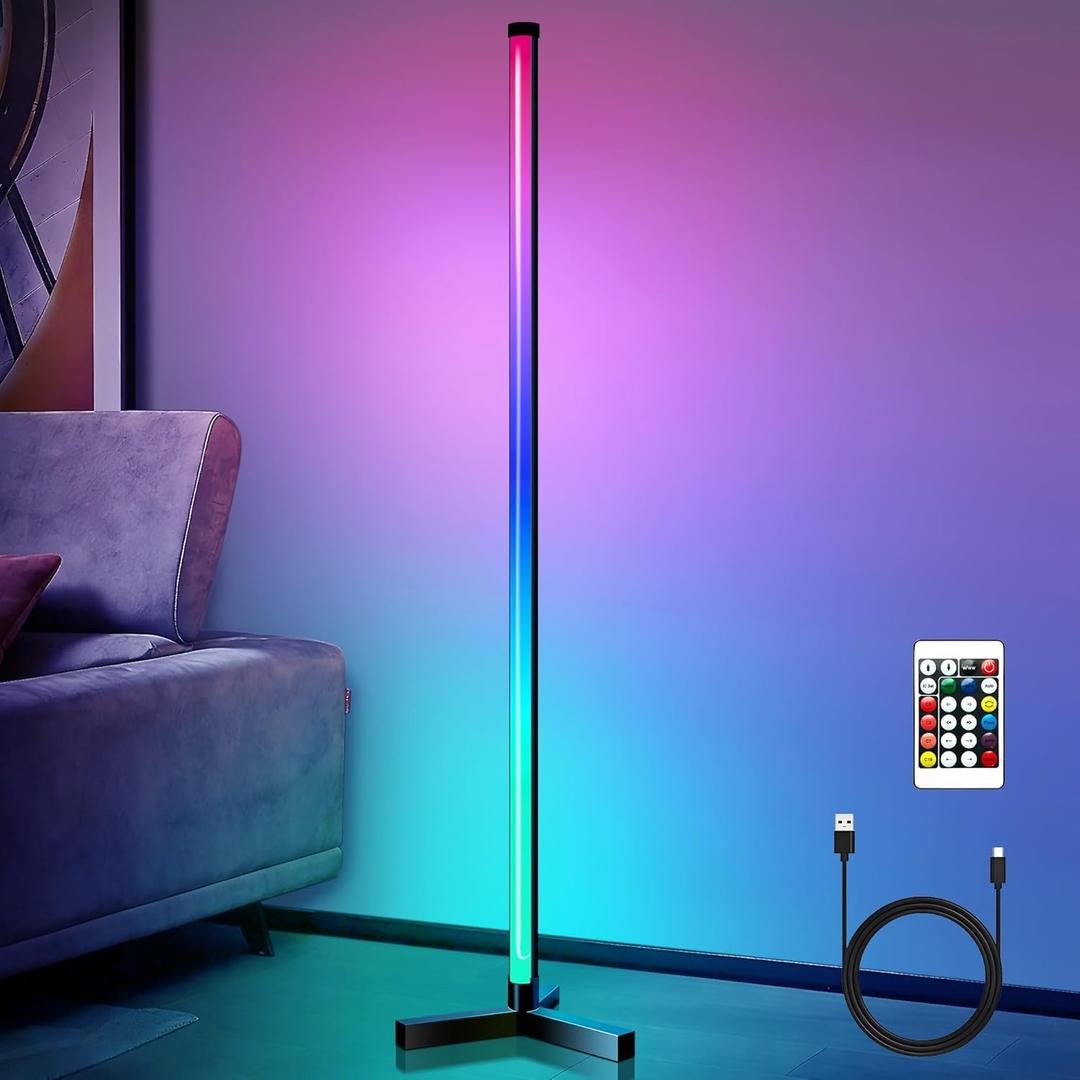 RGB LED Corner Floor Lamp, 16 Million Colors with Music Sync & Remote Control, Dimmable Foldable Minimalist Floor Lamp for Gaming Room, Living Room, Bedroom, Christmas Party Decor