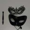 IncreDecor Couple Masquerade Mask with Holding Stick Venetian Metal Masks Halloween Mardi Gras Costume Mask for Women & Men (Classic Black)