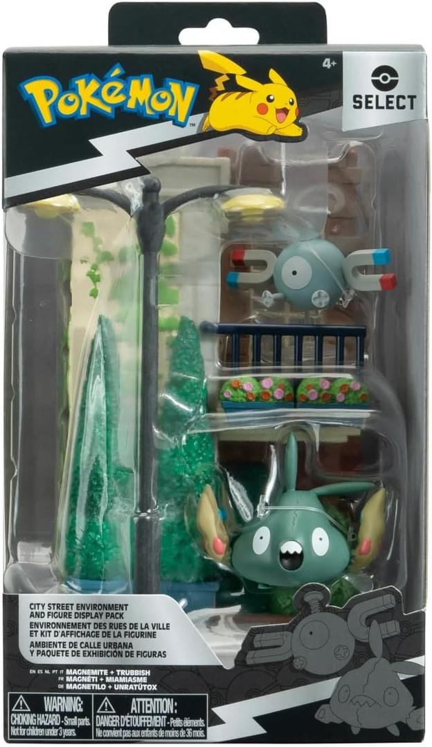 Jazwares Pokmon Select City Street Environment Set  6-Inch Multi-Level Display Diorama with Magnemite & Trubbish 2" Battle Figures (Official Licensed)