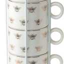 Stackable Porcelain Coffee Tea Mug 10-Ounce Set of 4 With Metal Stand (Gold Bees)
