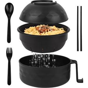 HUAKENER Microwave Ramen Bowl, 38 oz Microwave Ramen Bowl with Lid, Ramen Noodles Bowl with Spoon Chopsticks Fork (Black)