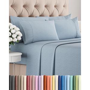 Queen 6 Piece Sheet Set - Comfy, Breathable & Cooling - Soft Hotel Luxury Bedding for Women, Men, Kids, Teens and Children - 1 Flat & 1 Fitted Sheet & 4 Pillowcases with Deep Pockets - Heathered Blue