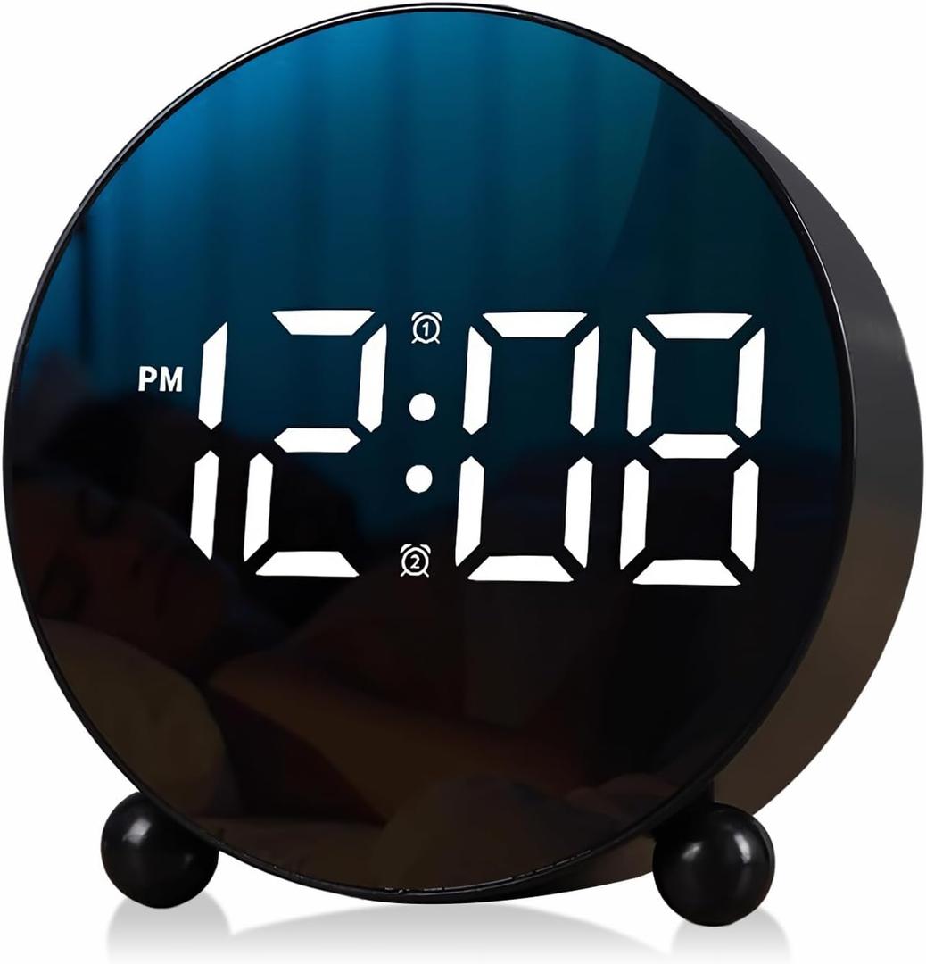 Digital Alarm Clock, Round LED Display Alarm Clock, Small Digital Clock with Double Bell, 3 Adjustable Brightness Levels, Silent Desk Clock, Loud Bell Bedside Alarm Clocks for Bedroom Office (Black)