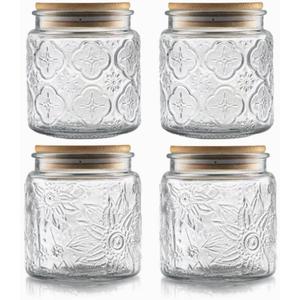 ANSQU Set of 4 Vintage Glass Airtight Storage Jars, 17 FL OZ Glass Storage Containers with Bamboo Lids, Canning Jar for Kitchen Counter, Pantry, Cookie, Coffee, Tea, Sugar, Cute Jars