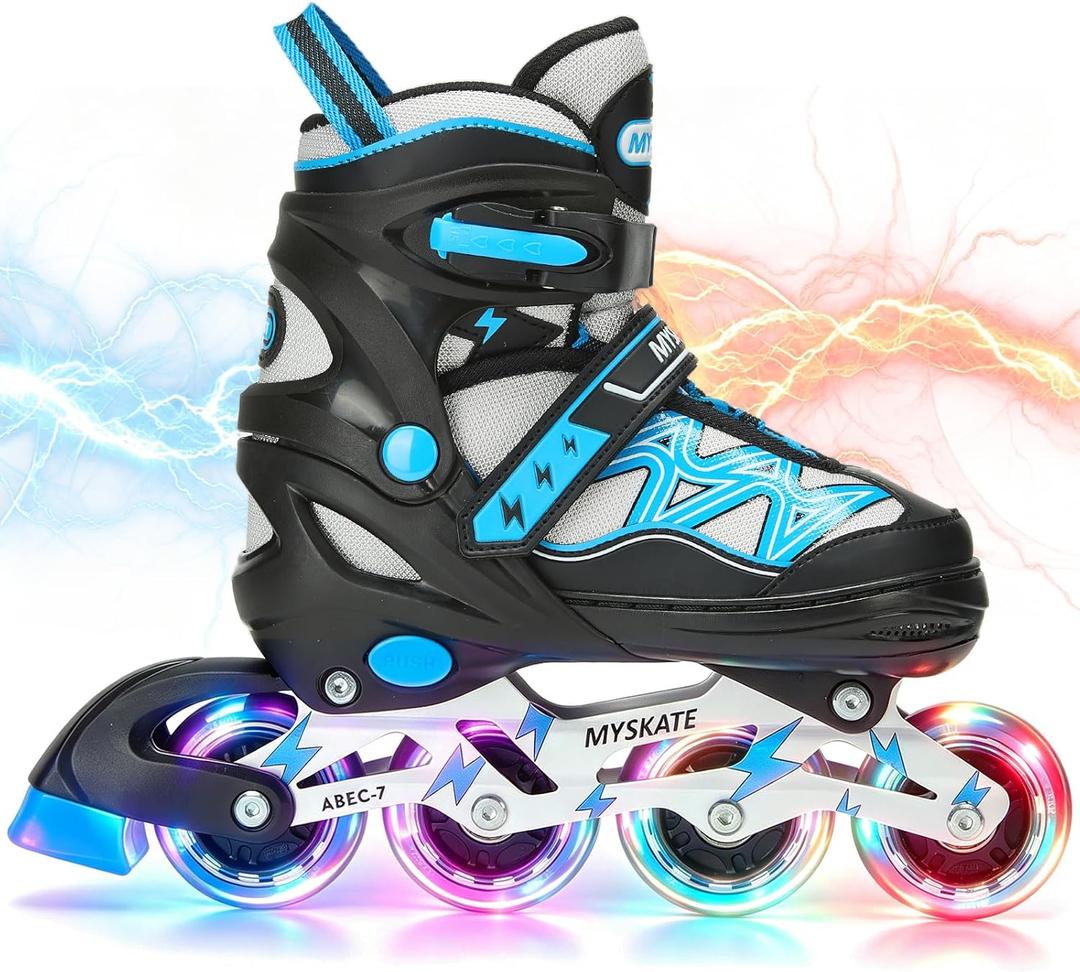 KORMAN Lightning Inline Skates for Kids Girls Boys with Light Up Wheels, Adjustable Kids Roller Skates Blades for Men Women Beginners Youths, Black, Large - Youth (5Y-8Y US)