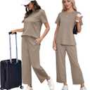 OFEEFAN Women's Lounge Sets Fashion Outfits Wide Leg Loungewear Side Slit Tracksuit for Vacation Travel Airport S-3XL (Brown)