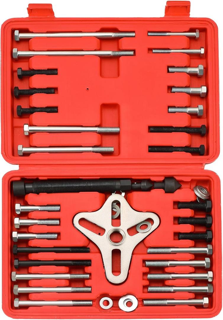 46PCS Harmonic Balancer Puller Set | Power Steering Pulley Puller Installer Tool Set, Flywheel Remover, Crankshaft Pulley Removal, Steering Wheel Pulling Set (Red)