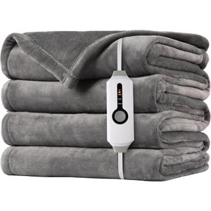 SUNNY HEAT Electric Heated Blanket 72"x84" Full Size Cozy Warm Double Sided Flannel with 4 Heating Levels & 10H Shut Off, Machine Washable Soft Blanket for Bed & Office, Light Grey