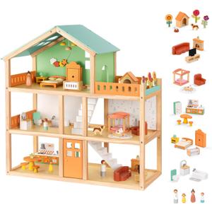 OOOK Large Wooden Dollhouse with 42 Pcs Luxurious Furniture Accessories, 3-Story Doll House 6 Rooms Balcony Wooden Stairs, Ideal Modern Doll House for 3 Year Old