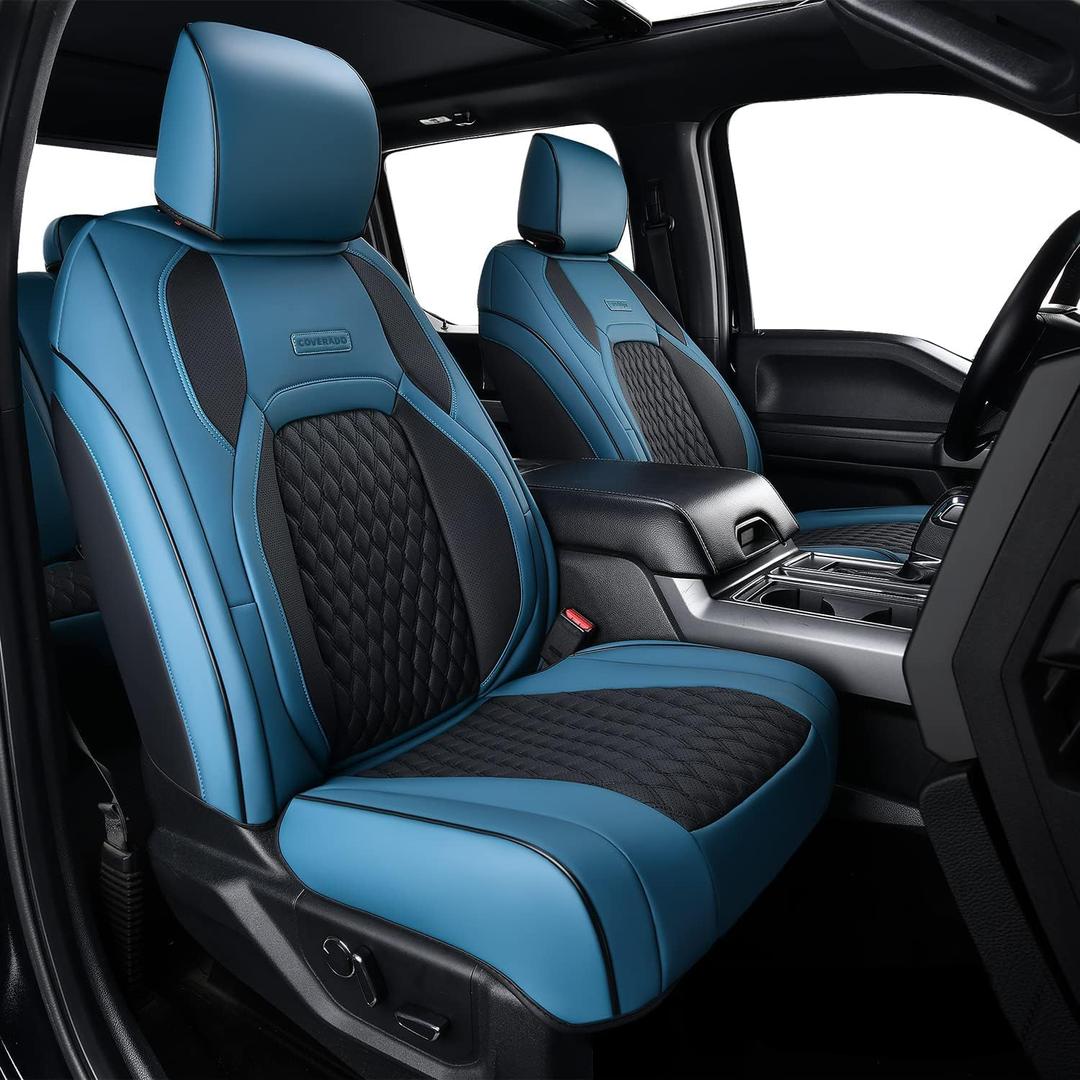 Coverado Waterproof Faux Leather Seat Covers Full Set for Ford F150 2015-2026 SuperCrew & F250 F350 F450 2017-2026 Crew Cab, Compatible with XL XLT Lariat King Ranch, Blue Interior Truck Accessories