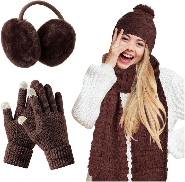 JenPen 4 Pcs Winter Hat Scarf and Gloves Set for Women Include Ear Cover Cold Weather Scarf Hat Knit Beanie Gloves (Dark Brown)