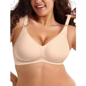 Push Up Seamless Bras for Women No Underwire Support and Lift V Neck Wireless Full Coverage Bralettes Everyday Bras (Medium, Nude)