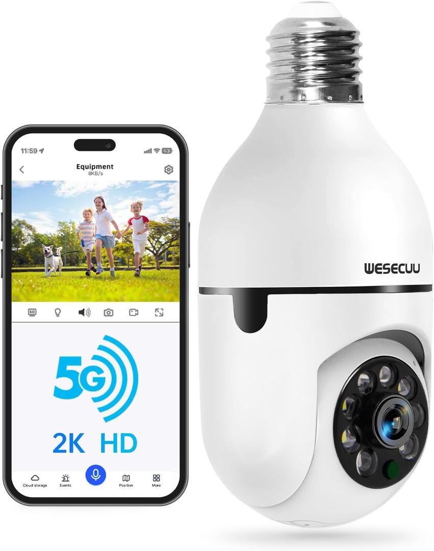 WESECUU Light Bulb Security Camera -5G& 2.4GHz WiFi 2K Security Cameras Wireless Outdoor Motion Detection and Alarm,Two-Way Talk,Color Night Vision,Human Detection, Bulb Camera Compatible with Alexa (1-Pack, White)