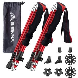 BISINNA Collapsible Trekking Hiking Poles- 2 Pack Folding Aluminum Walking Sticks with Quick Lock System 4 Season Accessories,Telescopic, Adjustable, Lightweight for Men Women (Red 95-110cm)